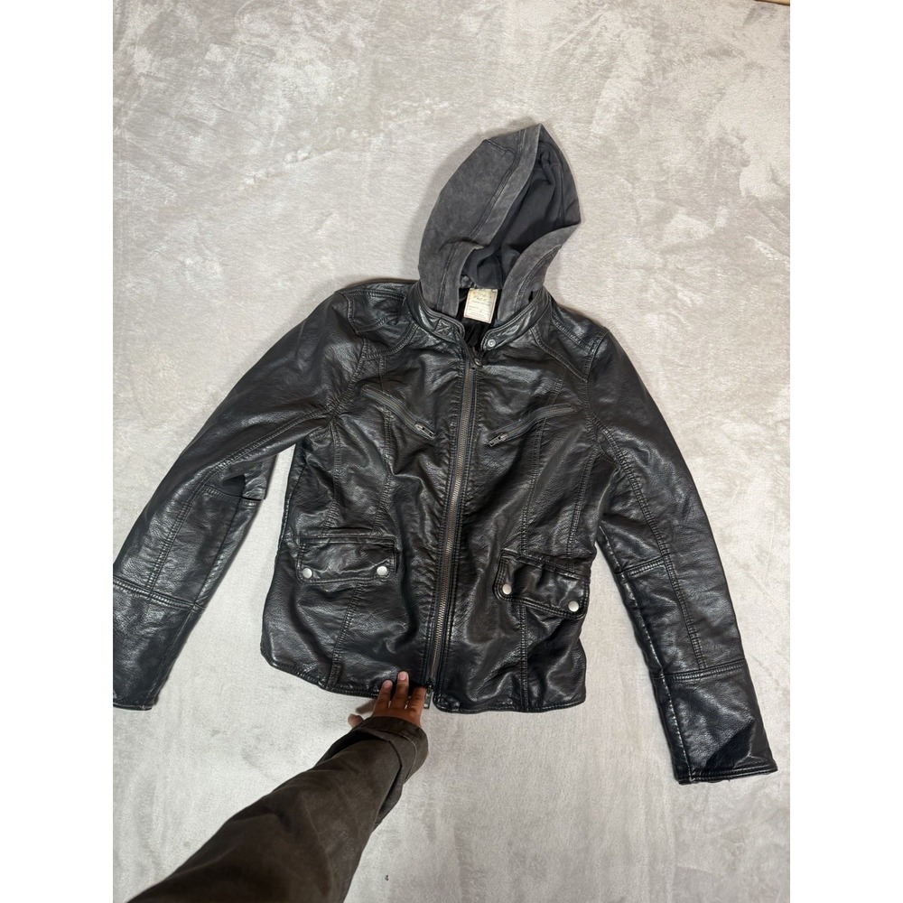 We The Free People Hooded Vegan Leather Moto Jacket Black Size L